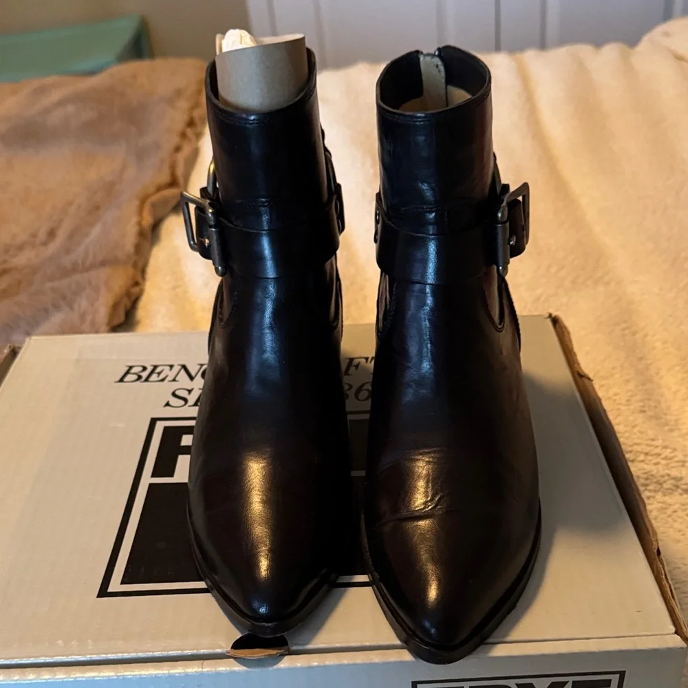 Frye Black Ankle Boots with Buckle Accent - Picture 2 of 6